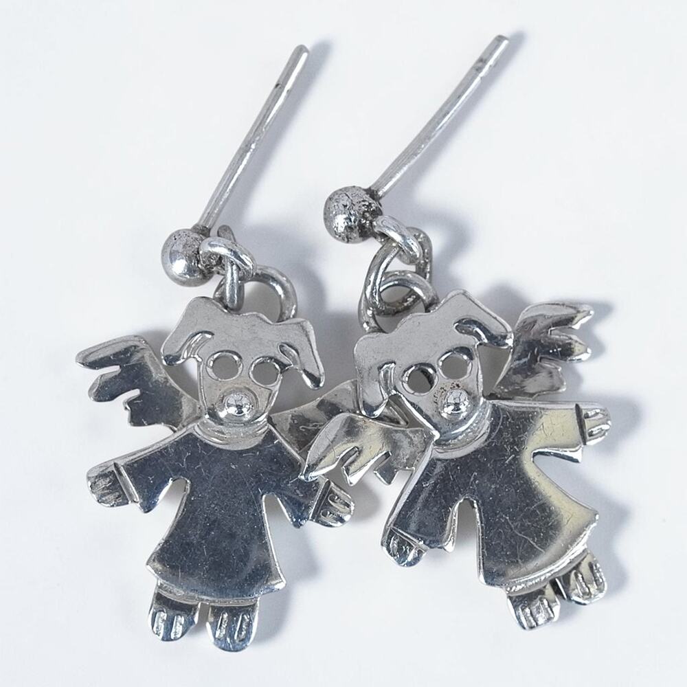 Sterling Silver 925 Mexico Angel Dangle Earrings Post Back Vintage Satin